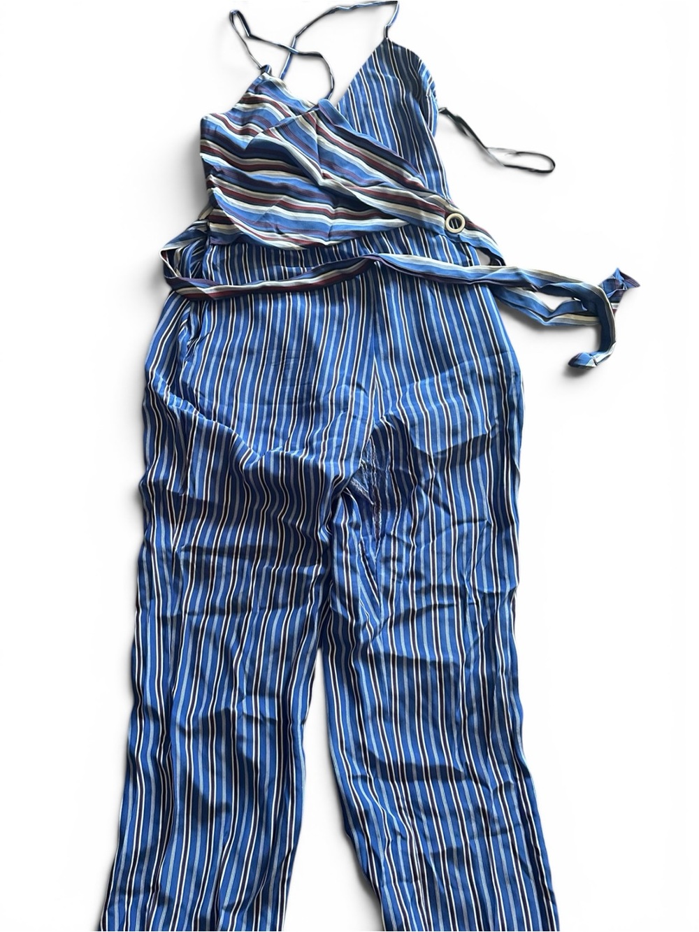 rag & bone Blue Striped Wrap Jumpsuit with Tie Waist US10